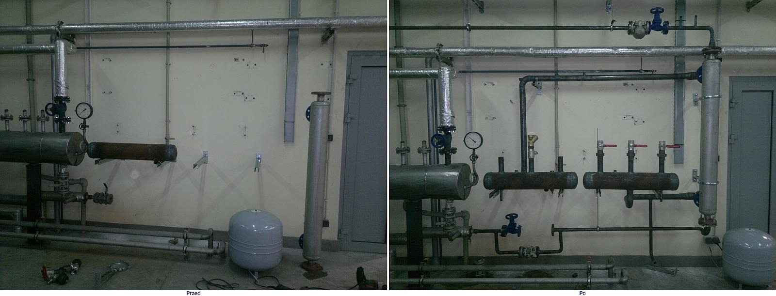 Porównanie stanu instalacji grzewczej przed i po modernizacji. Widoczne rury, zawory, zbiorniki wyrównawcze i manometry na tle jasnej ściany.