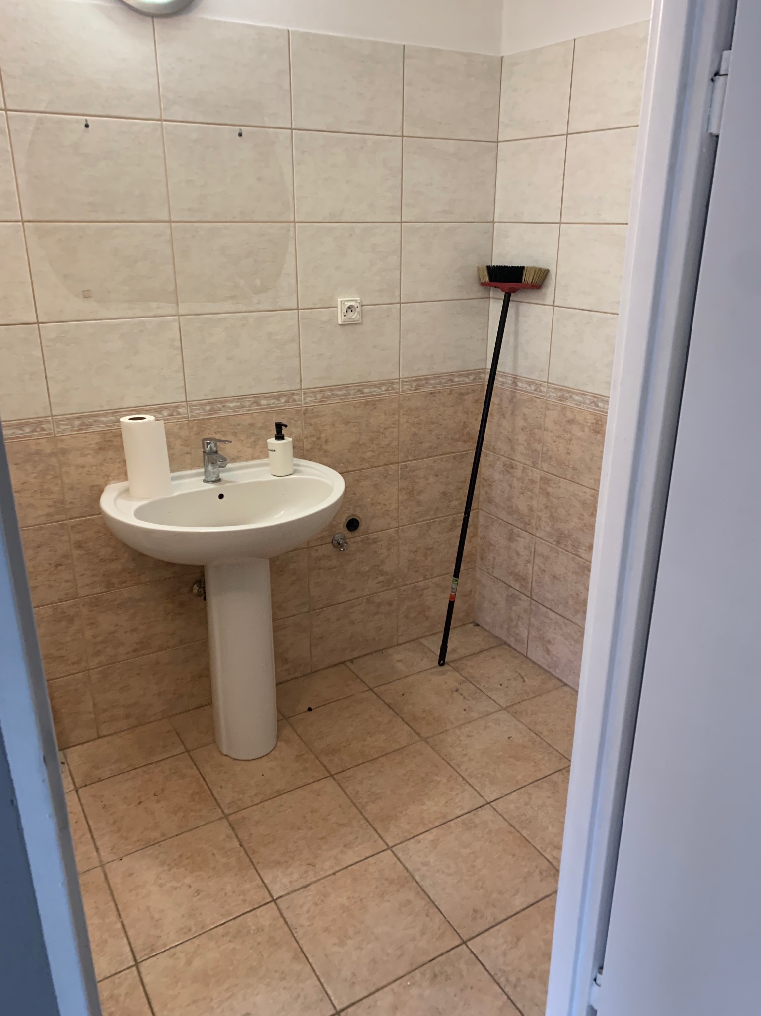 Łazienka z umywalką na postumencie, rolką papieru toaletowego, dozownikiem mydła i stojącą miotłą w rogu, widoczna przez otwarte drzwi.