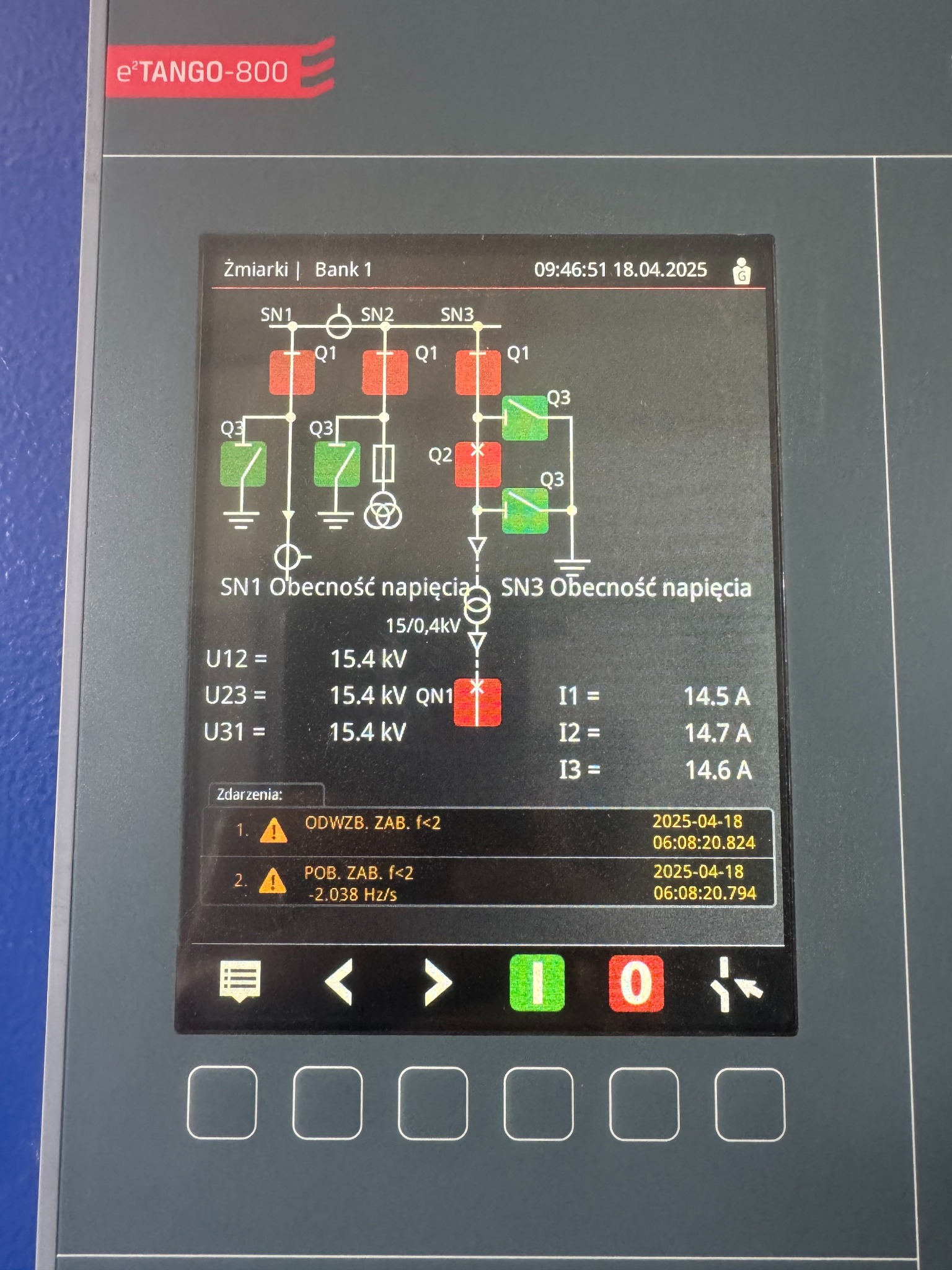 Panel sterowania e²TANGO-800 z schematem elektrycznym i danymi pomiarowymi. Wyświetlane wartości napięć, prądów i zdarzenia. Widoczne ostrzeżenia. Data 18.04.2025.