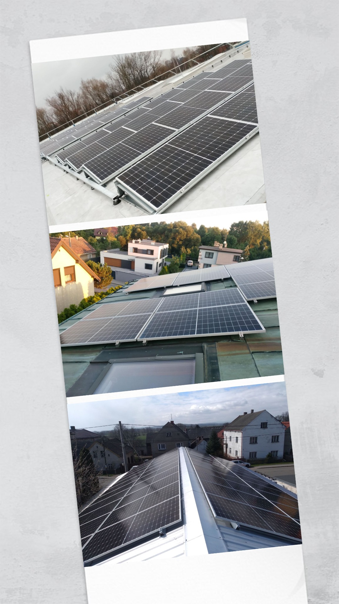 Kaskadowy widok na panele fotowoltaiczne zamontowane na dachach budynków mieszkalnych w różnych lokalizacjach, uchwycone z perspektywy lotu ptaka.