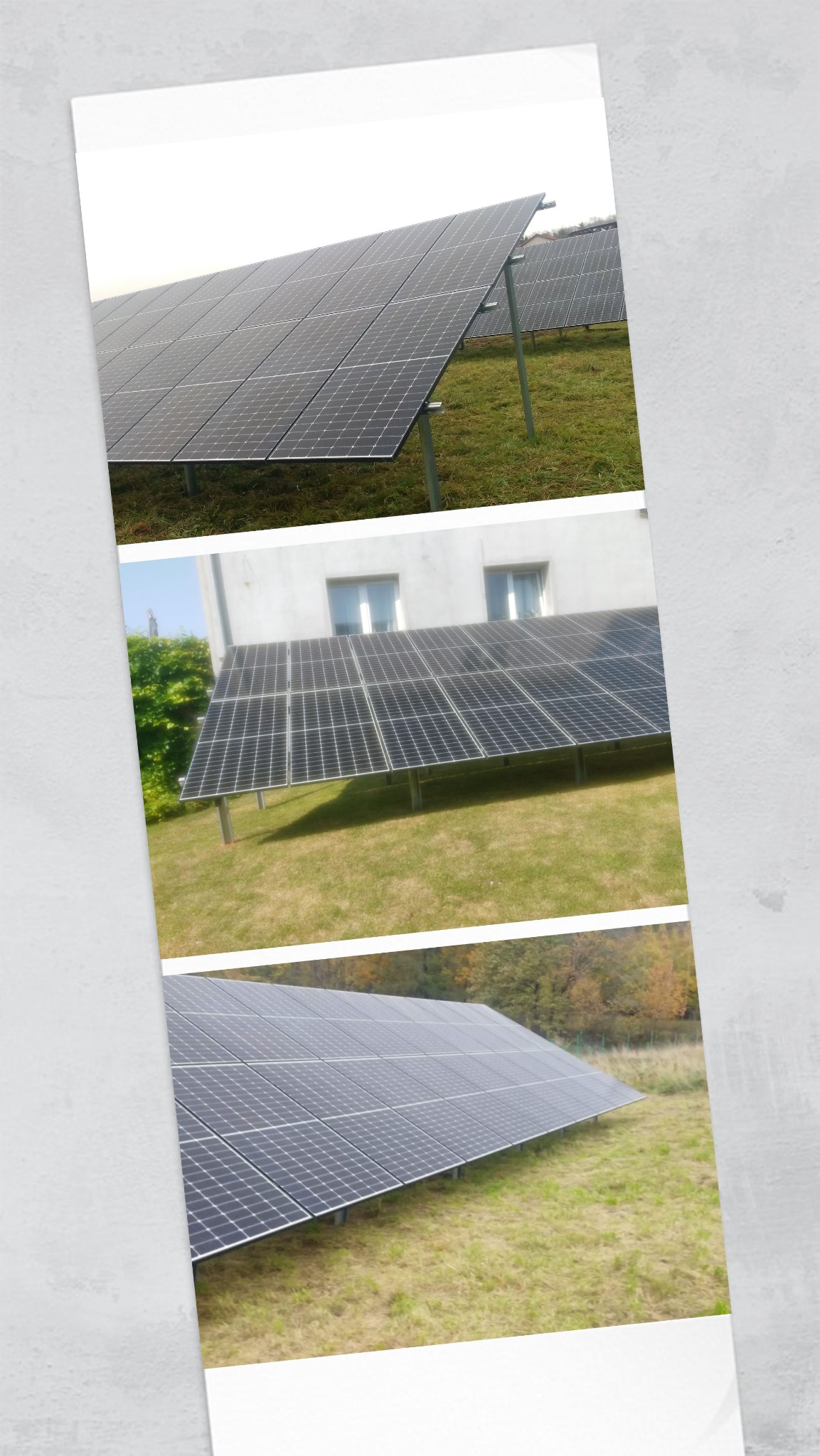 Fotokompozycja przedstawiająca trzy ujęcia instalacji paneli słonecznych na trawiastym terenie w Jaksonowie, z różnymi kątami i perspektywami.