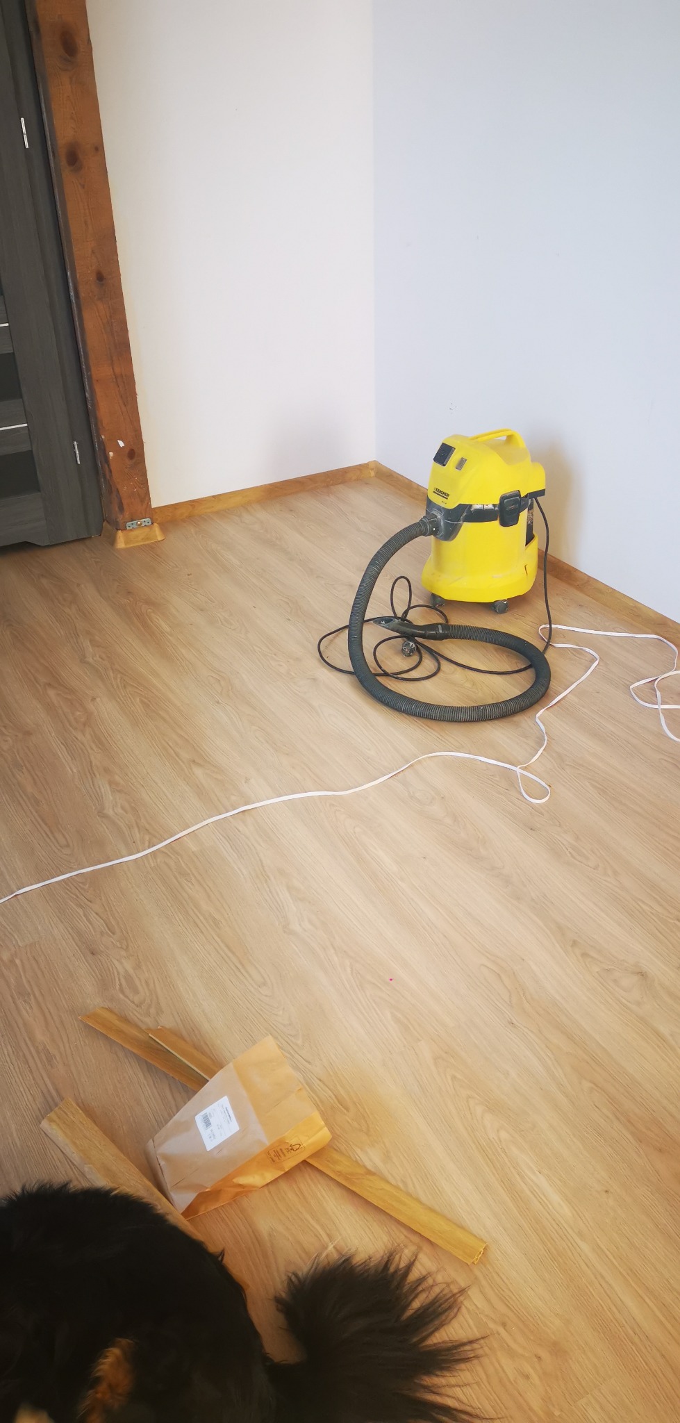Żółty odkurzacz przemysłowy Karcher na drewnianej podłodze po ułożeniu paneli, widoczne listwy przypodłogowe i torba z klejem, w rogu kadru fragment psa.