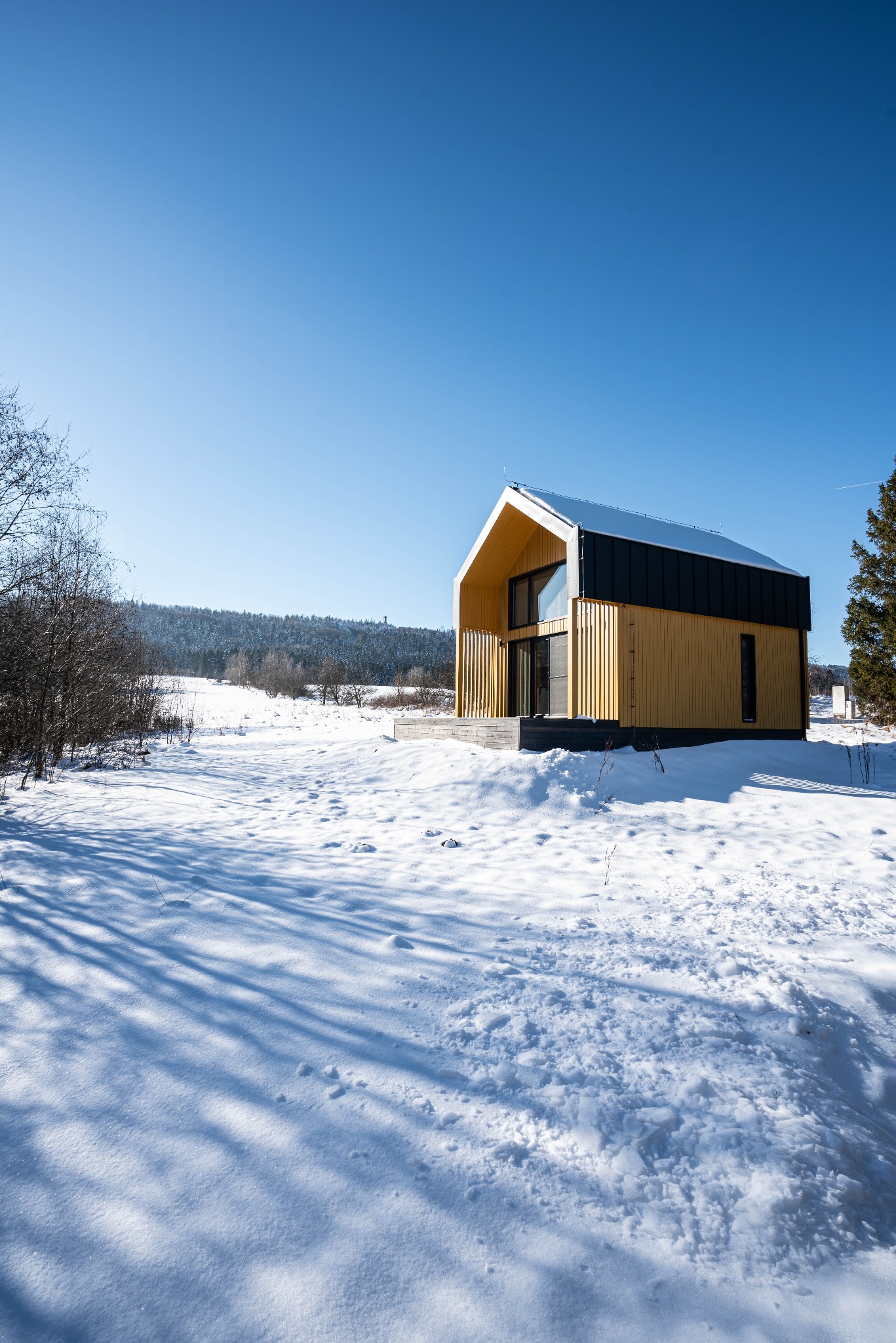 Nowoczesny, drewniany dom w stylu stodoły z czarnym dachem, otoczony śnieżnym krajobrazem w słoneczny dzień.