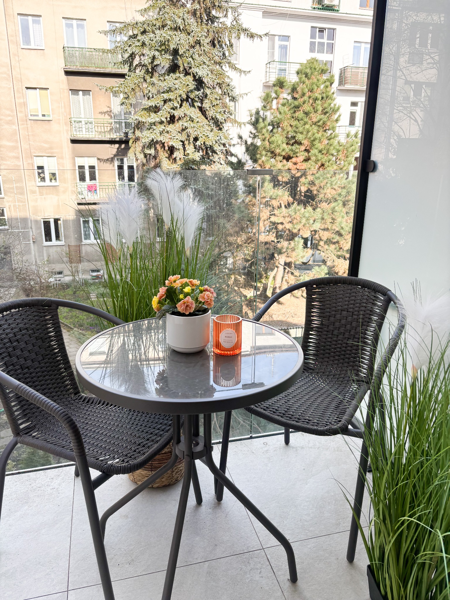 Balkon z okrągłym stolikiem kawowym, dwoma plecionymi krzesłami, kwiatami w doniczce i dekoracyjnymi trawami, z widokiem na budynki mieszkalne i drzewa.