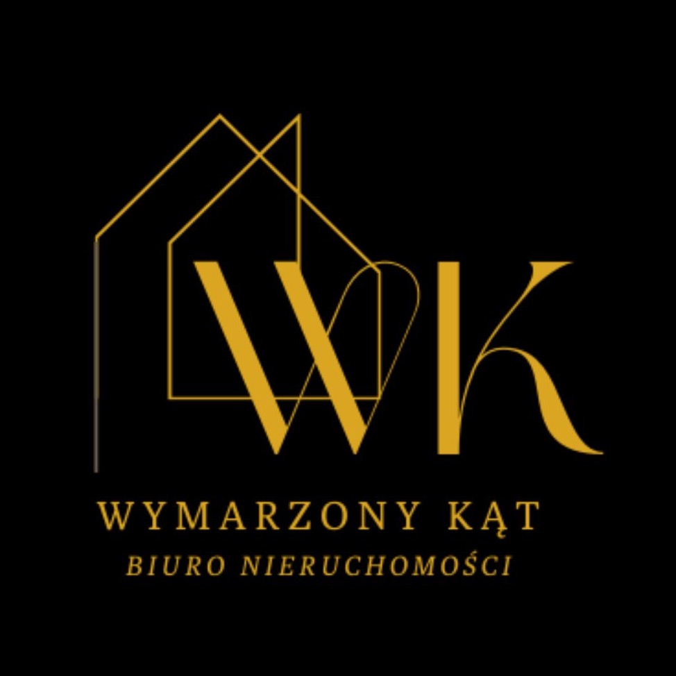 Złote logo firmy 'Wymarzony Kąt Biuro Nieruchomości' na czarnym tle, z abstrakcyjnym symbolem domu w górnej części.