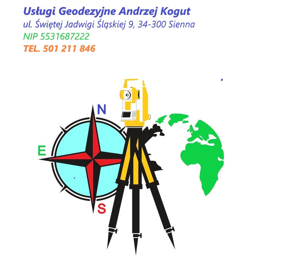 Grafika przedstawia logo firmy geodezyjnej: teodolit na tle róży kompasowej i zielonej mapy świata, uzupełnione danymi teleadresowymi.