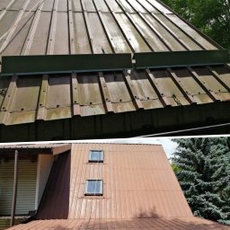 AlpinTop - Dwu-segmentowe ujęcie metalowego dachu: górna część z widocznym zabrudzeniem i fragmentami roślinności, dolna po umyciu, z odbiciami światła i widocznymi oknami poddasza.