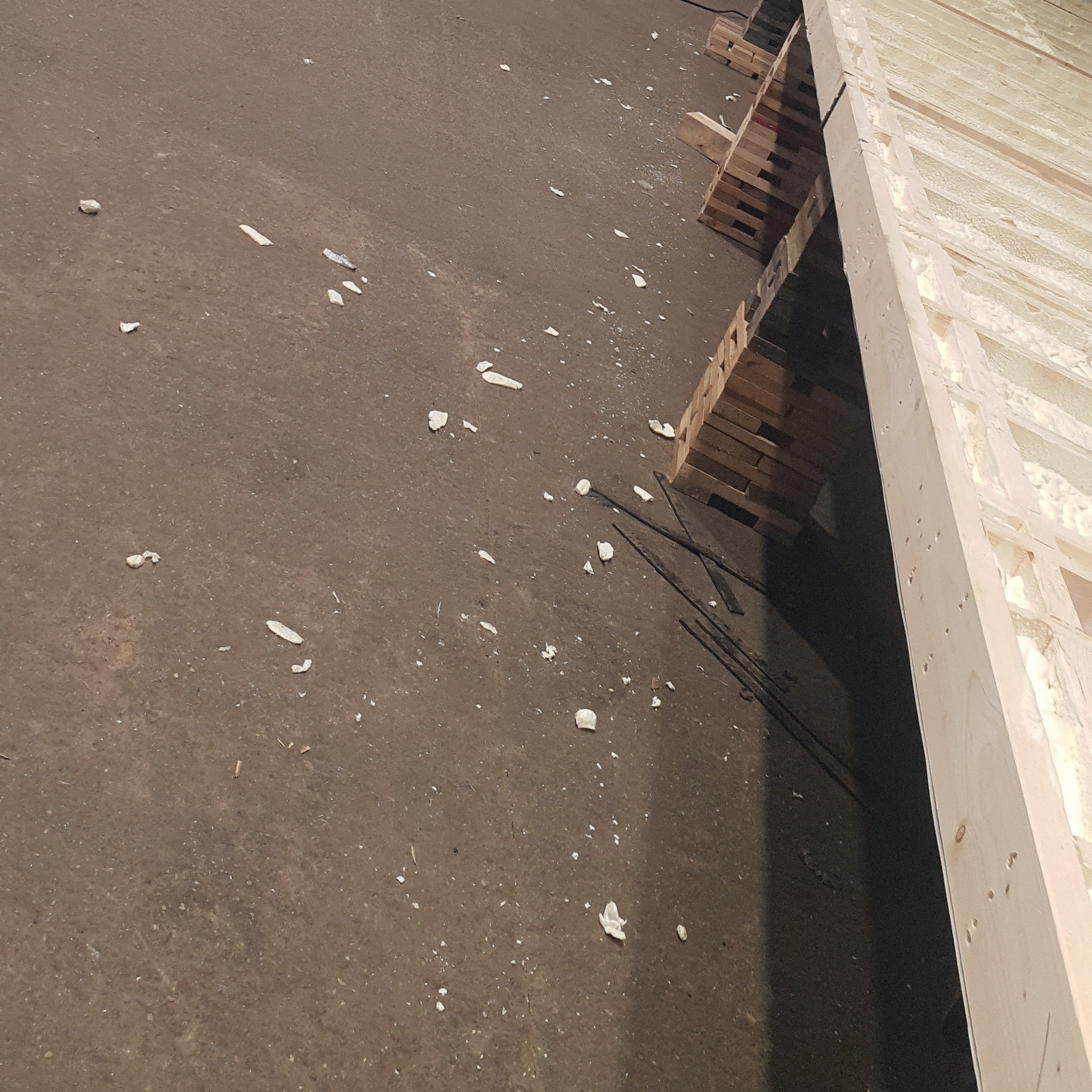 Fragment ściany szkieletowej z wypełnieniem pianką izolacyjną, widoczne resztki pianki na betonowej posadzce, palety drewniane oparta o ścianę.