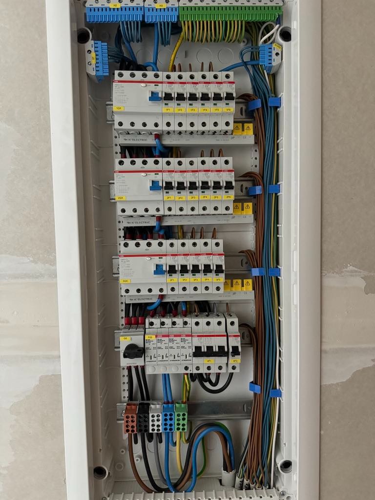Rozdzielnica elektryczna z zainstalowanymi bezpiecznikami, przewodami o różnych kolorach i złączkami, zamocowana w białej obudowie na szarej ścianie.