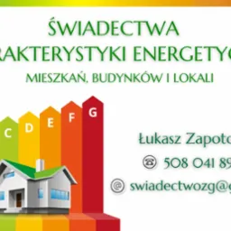 Grafika informacyjna z tytułem 'Świadectwa Charakterystyki Energetycznej' dla mieszkań, budynków i lokali, z ilustracją domu umieszczonego na tle kolorowych słupków oznaczonych literami od A do G...