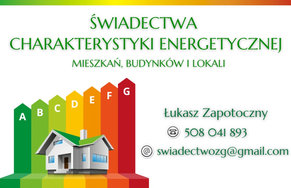 Grafika informacyjna z tytułem 'Świadectwa Charakterystyki Energetycznej' dla mieszkań, budynków i lokali, z ilustracją domu umieszczonego na tle kolorowych słupków oznaczonych literami od A do G...