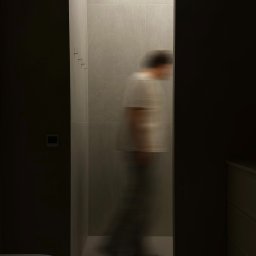 I&U Architects - Minimalistyczna łazienka z szarymi płytkami, podłużnym oknem w suficie wpuszczającym światło i rozmytą sylwetką osoby przechodzącej przez kadr, widok z perspektywy toalety.