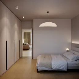 Minimalistyczna sypialnia w neutralnych barwach z dużym łóżkiem, garderobą z czarnymi uchwytami, widokiem na salon z beżową sofą i subtelnym oświetleniem.