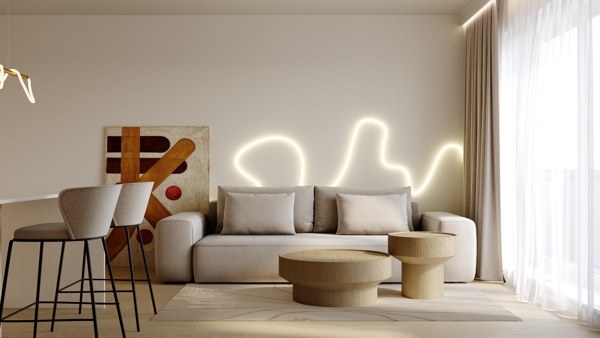 Neutralna kolorystyka salonu z sofą, okrągłymi stolikami kawowymi i abstrakcyjnym oświetleniem neonowym na ścianie. Dwa krzesła barowe przy wyspie kuchennej z blatem z białego marmuru. Obraz...