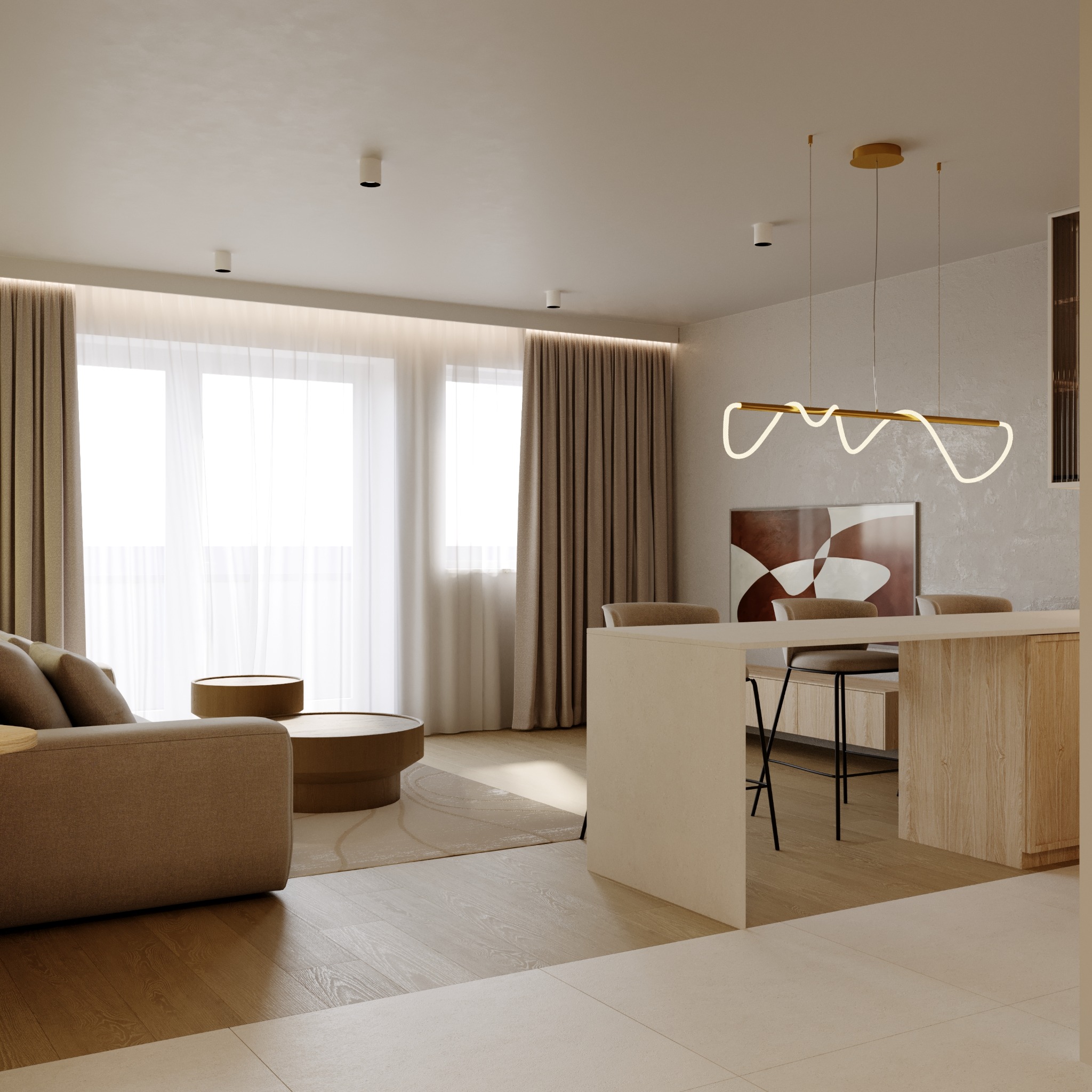 Jasne, przestronne wnętrze mieszkania z sofą, okrągłymi stolikami kawowymi i wyspą kuchenną z hokerami, oświetlone nowoczesną lampą wiszącą. Minimalistyczny wystrój z drewnianymi podłogami...