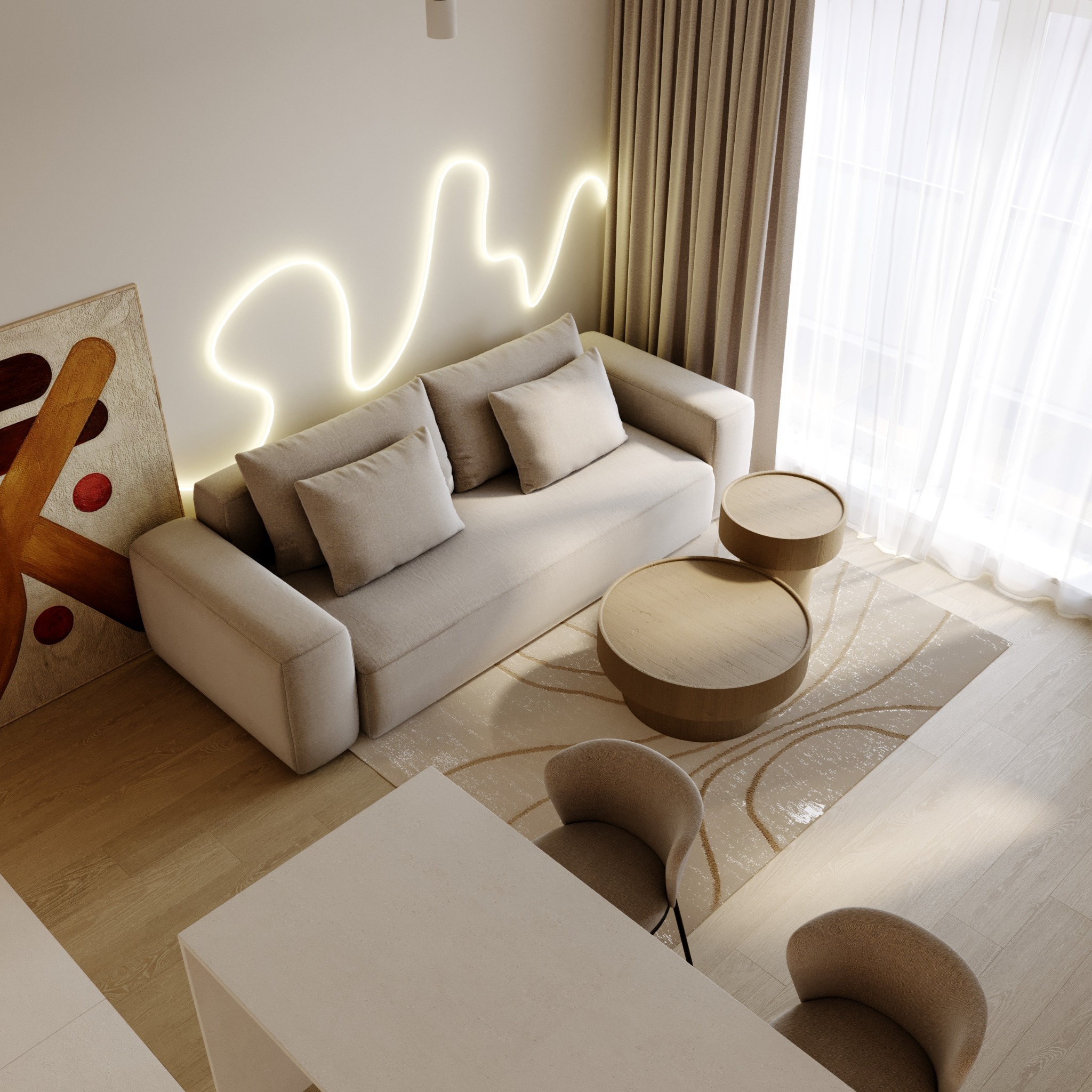 Salon w neutralnych barwach z sofą, stolikami kawowymi, dywanem ze wzorem, oświetleniem LED na ścianie i abstrakcyjnym obrazem. Widok z góry ukazuje minimalistyczny stół jadalny z krzesłami.