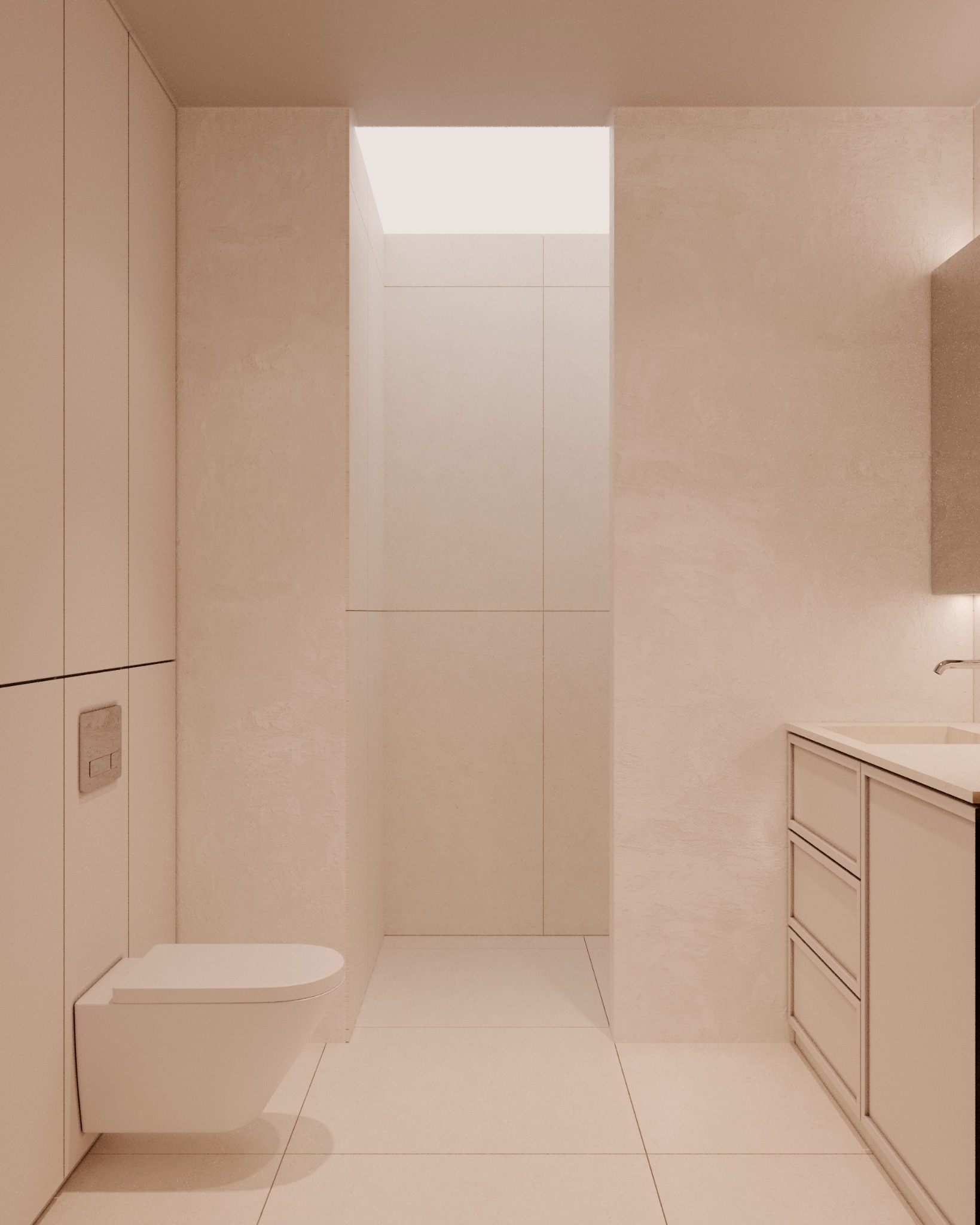 Minimalistyczna łazienka w odcieniach beżu z podwieszaną toaletą, umywalką z szafką i kabiną prysznicową z górnym oświetleniem.