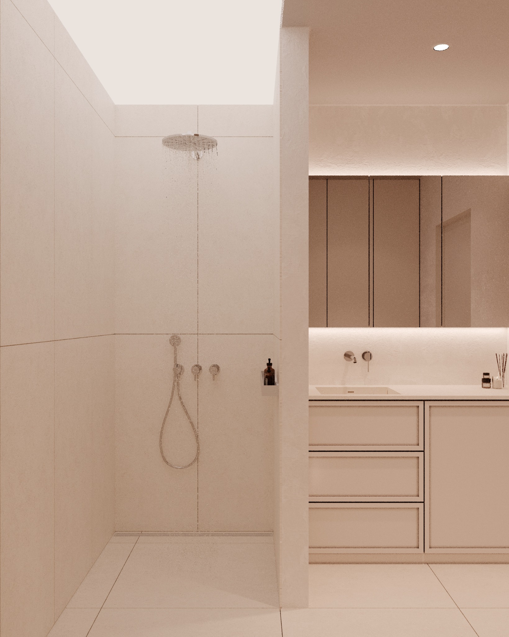 Minimalistyczna łazienka w odcieniach beżu z kabiną prysznicową typu walk-in, deszczownicą, umywalką wpuszczaną w blat z szafkami i dużym lustrem z podświetleniem LED.