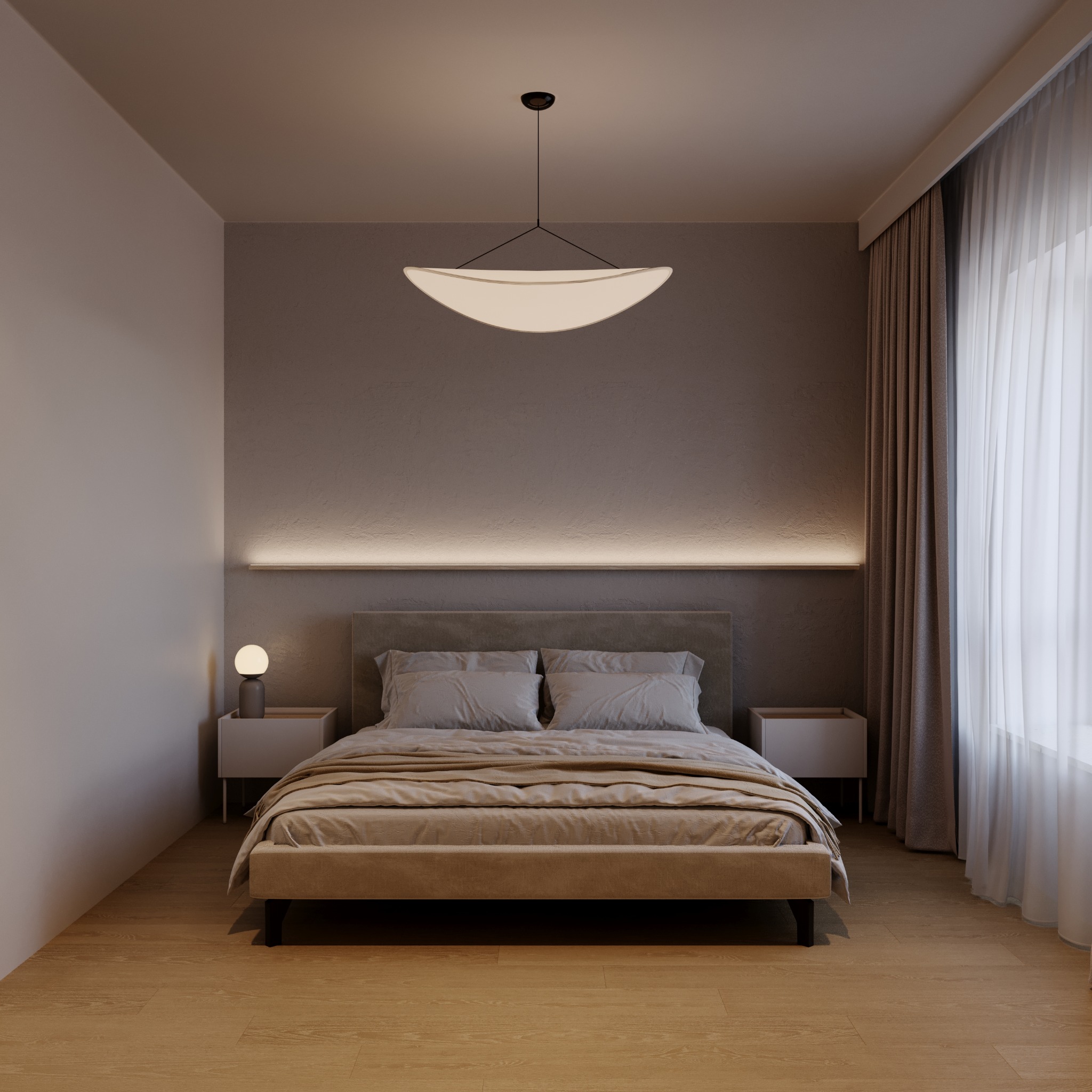 Minimalistyczna sypialnia z łóżkiem kontynentalnym, oświetleniem LED za wezgłowiem i lampą wiszącą w kształcie łodzi, drewniana podłoga, neutralna kolorystyka ścian i zasłon.