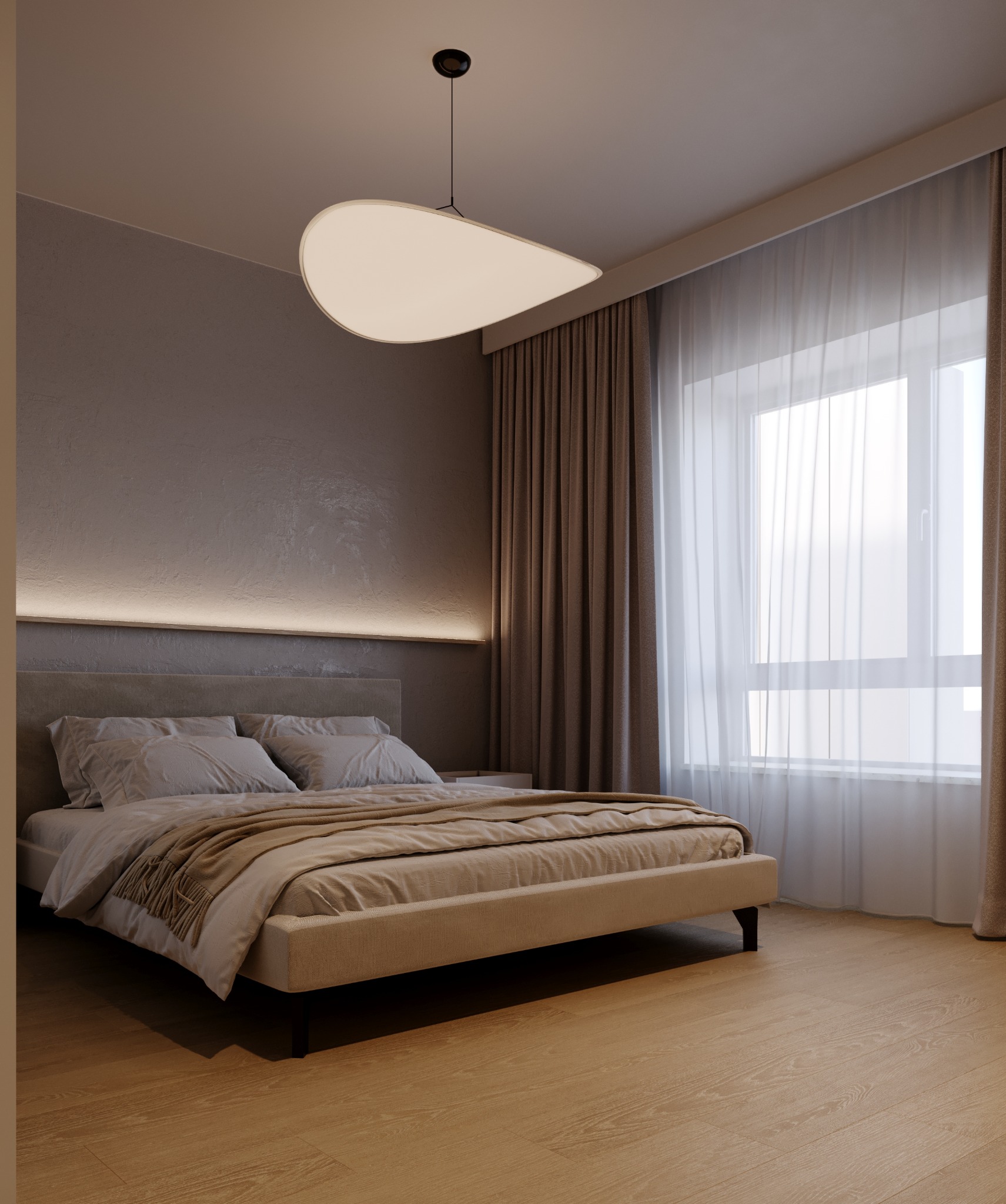 Nowoczesna sypialnia w odcieniach beżu w Warszawie: łóżko z tapicerowanym zagłówkiem, zwisająca lampa o organicznym kształcie i subtelne oświetlenie LED nad zagłówkiem.