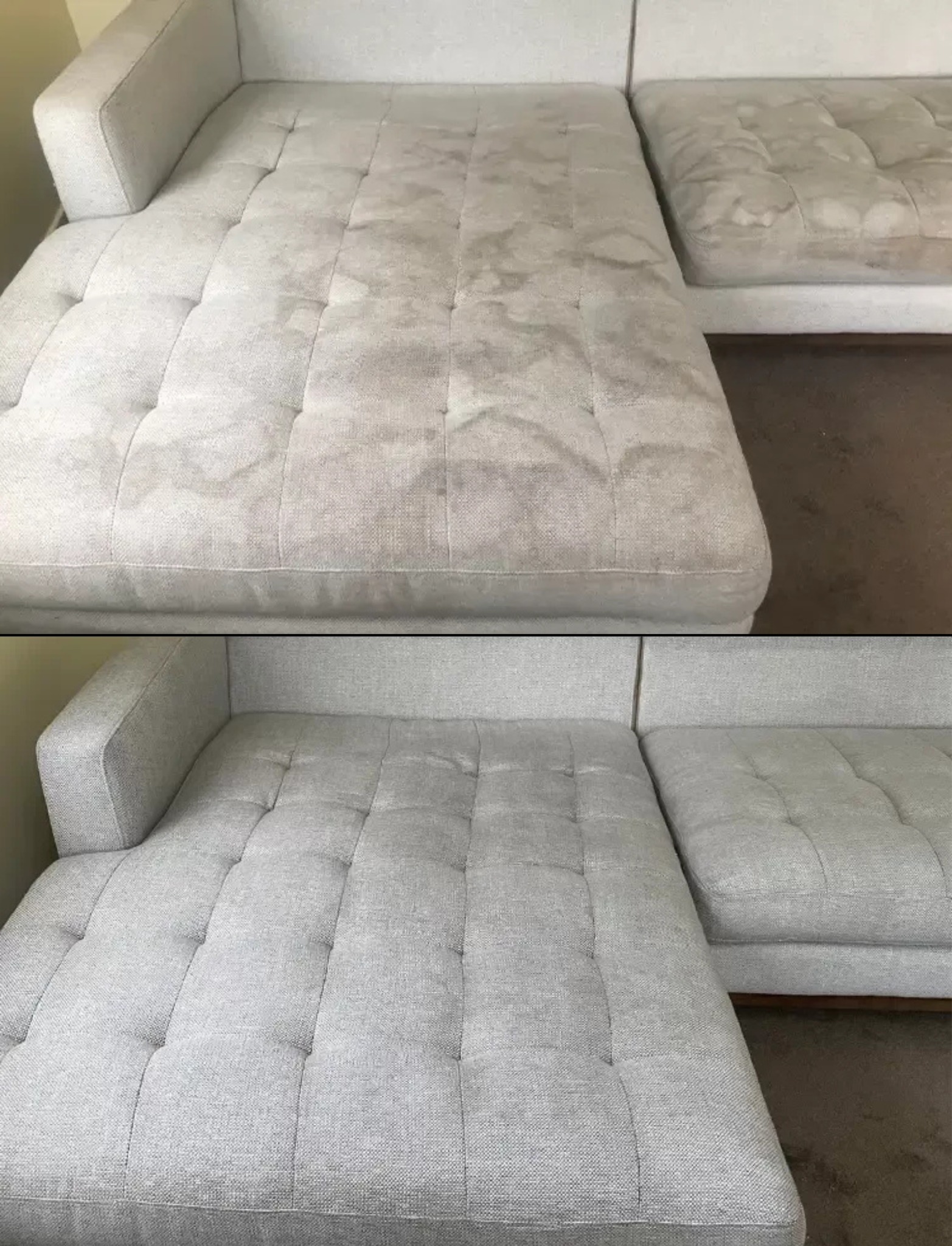 Porównanie przed i po czyszczeniu jasnoszarej, modułowej kanapy z tapicerowanymi guzikami. Górna część zdjęcia pokazuje zabrudzenia, dolna prezentuje kanapę po wyczyszczeniu.