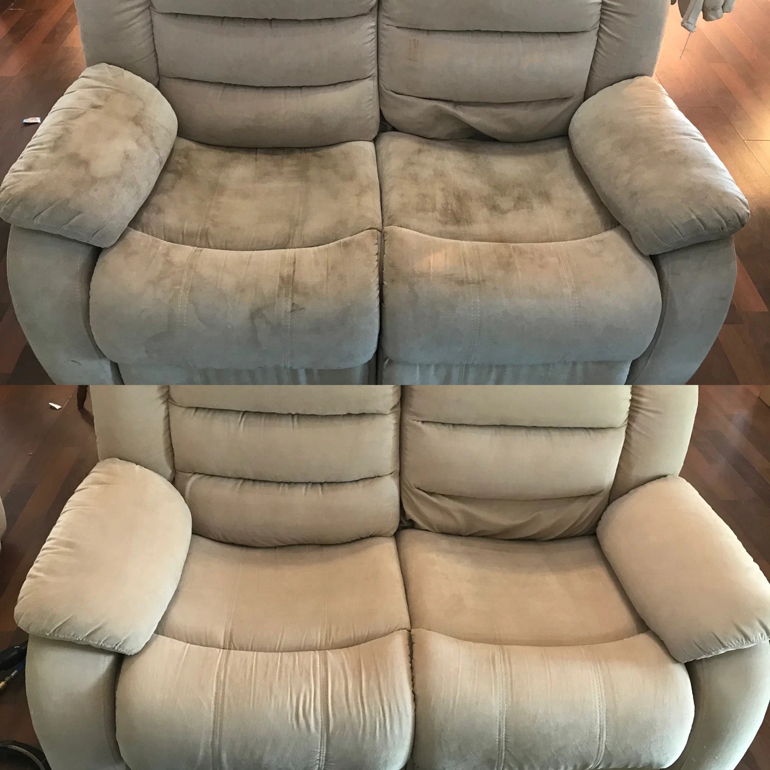 Dwuosobowa, beżowa sofa tapicerowana: górna połowa zdjęcia przedstawia sofę z widocznymi plamami i zabrudzeniami na siedzisku i podłokietnikach, dolna połowa ukazuje tę samą sofę po czyszczeniu,...