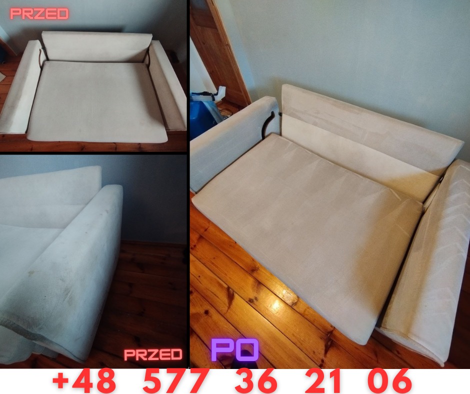 Kolaż przedstawiający fragmenty sofy przed i po czyszczeniu, ukazujący różnicę w wyglądzie tapicerki. Na lewej stronie widoczne zabrudzenia, po prawej - czysta powierzchnia. Widoczne napisy 'PRZED'...