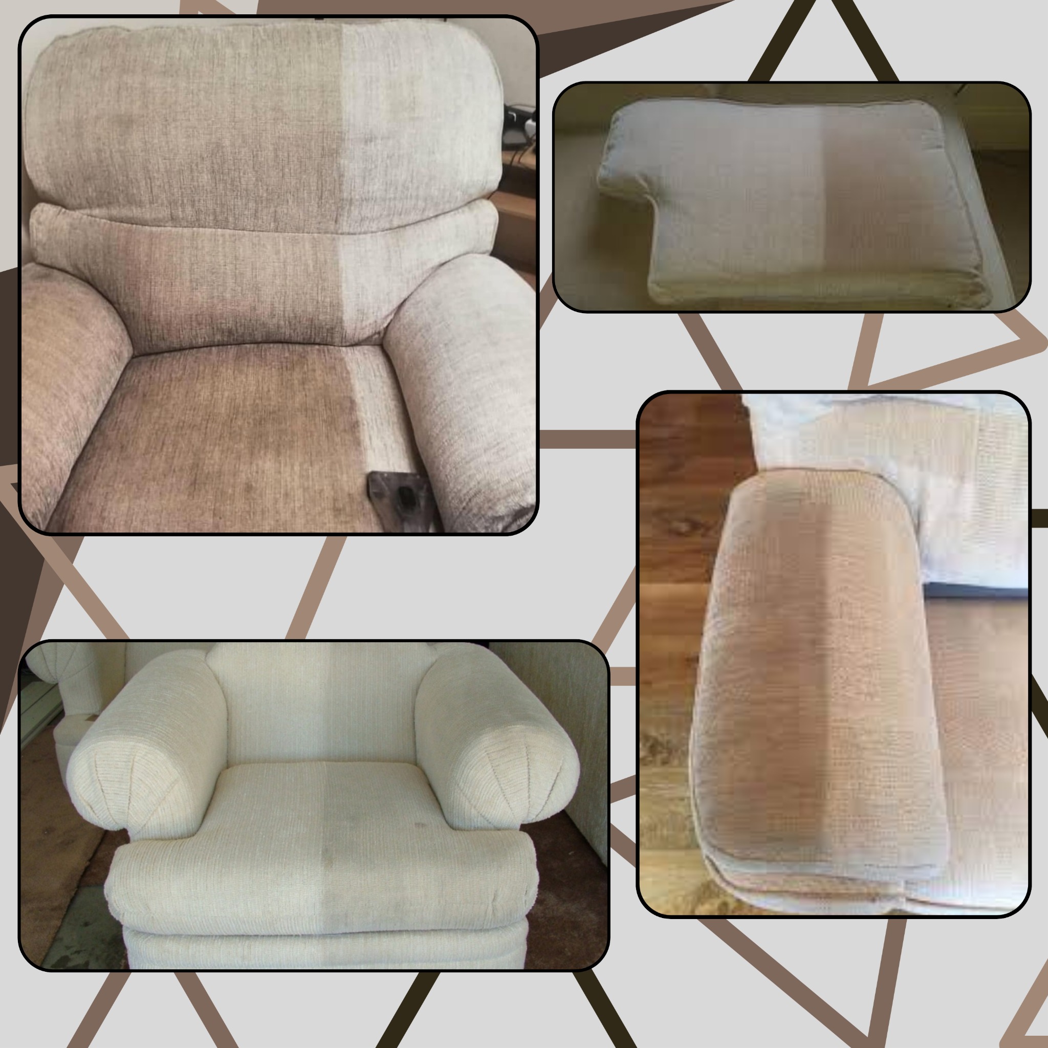 Kolaż zdjęć przedstawiających fragmenty fotela i poduszki przed i po czyszczeniu, ukazujące wyraźną różnicę w kolorze i usunięcie zabrudzeń.