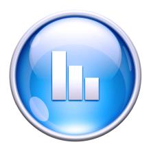 Błyszcząca, niebieska ikona z trzema białymi słupkami o różnej wysokości, symbolizującymi spadek lub analizę danych.