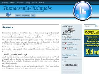 Strona internetowa firmy tłumaczeniowej Visionjobs z widocznym logo i hasłem 'Tłumaczenia-Visionjobs'