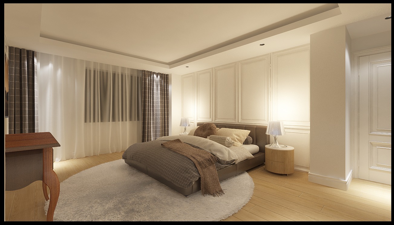 Elegancka sypialnia w neutralnych barwach z łóżkiem typu king-size, okrągłym puszystym dywanem i dekoracyjnymi panelami ściennymi.