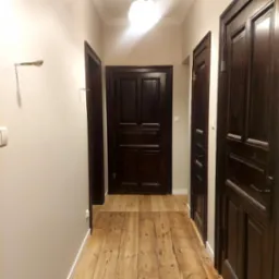 Korytarz z trzema ciemnymi, drewnianymi drzwiami, jasnymi ścianami i drewnianą podłogą z widocznymi słojami, oświetlony centralnie umieszczoną lampą.