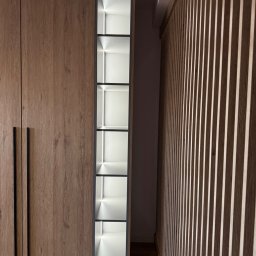 Furnilem Paweł Andrejczyn - Drewniana szafa z czarnymi uchwytami i wbudowanymi, podświetlonymi półkami, obok dekoracyjna ściana z drewnianych listewek.