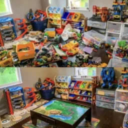 Pokój dziecięcy przed i po posprzątaniu: góra - chaos zabawek na podłodze i półkach, dół - uporządkowana przestrzeń z zabawkami w pojemnikach i na stoliku do zabawy.