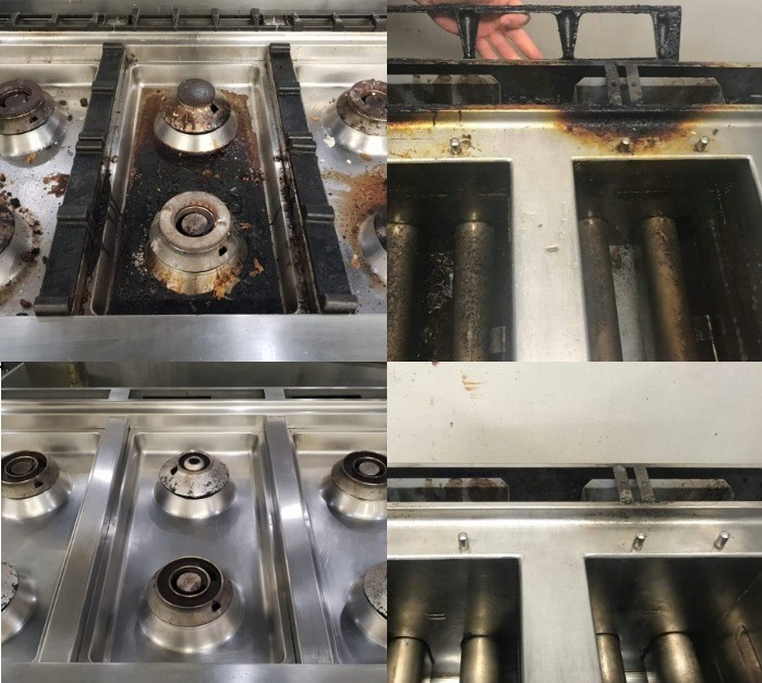 Czteropanelowe porównanie stanu kuchenki gazowej przed i po czyszczeniu: górny lewy - zabrudzona, górny prawy - czyszczone wnętrze, dolny lewy - wyczyszczona, dolny prawy - wyczyszczone wnętrze.