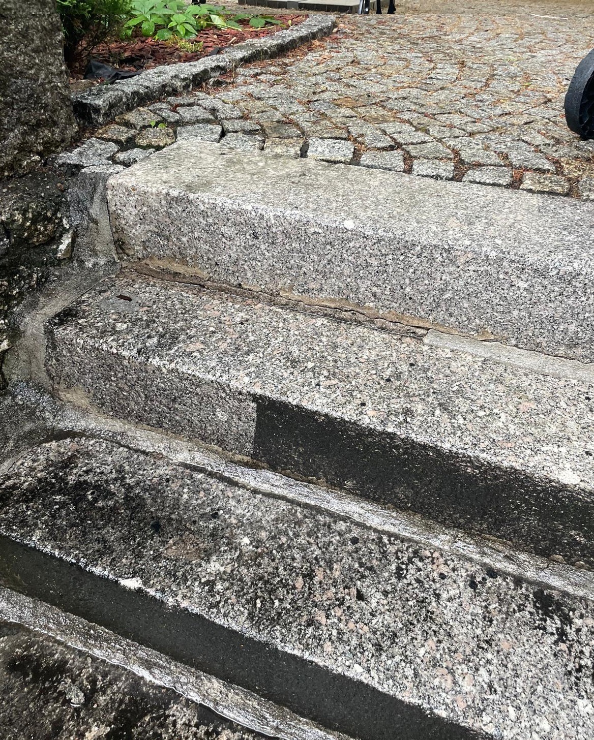 Granitowe schody zewnętrzne z widocznymi śladami wilgoci i zabrudzeń, wymagające czyszczenia, z kostką brukową w tle.