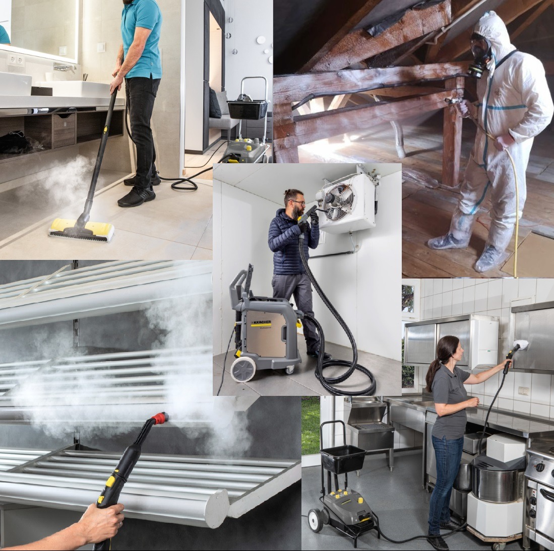Zestawienie zdjęć przedstawiających różne zastosowania parownic Karcher: czyszczenie podłogi w łazience, odkażanie klimatyzatora, usuwanie pleśni z drewnianej konstrukcji dachu, czyszczenie...