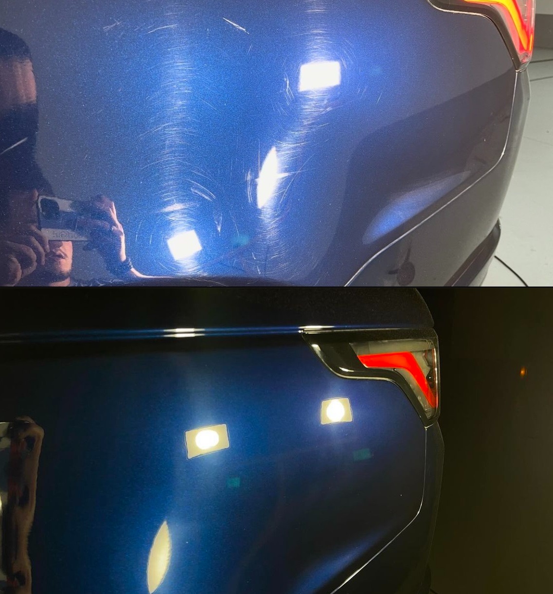 Porównanie stanu lakieru niebieskiego samochodu przed i po polerowaniu, widoczne usunięcie rys i hologramów, odbicie osoby robiącej zdjęcie w lakierze.