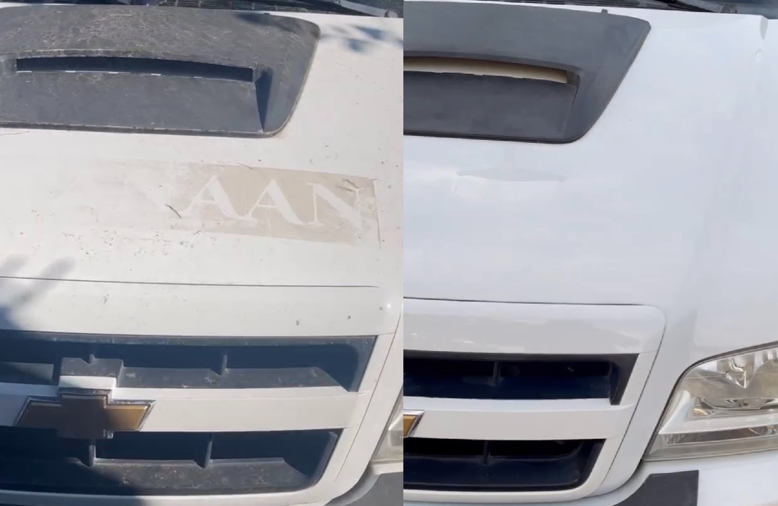 Porównanie: przód białego samochodu Chevrolet przed i po usunięciu naklejki i zabrudzeń, widoczne różnice w czystości maski i grilla.