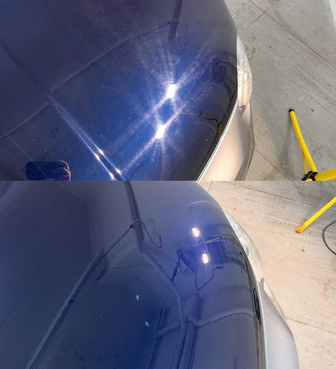 Porównanie stanu lakieru samochodowego przed i po polerowaniu: widoczne koliste zarysowania na górnej połowie zdjęcia, usunięte i lśniące na dolnej połowie, oświetlenie warsztatowe odbija się...