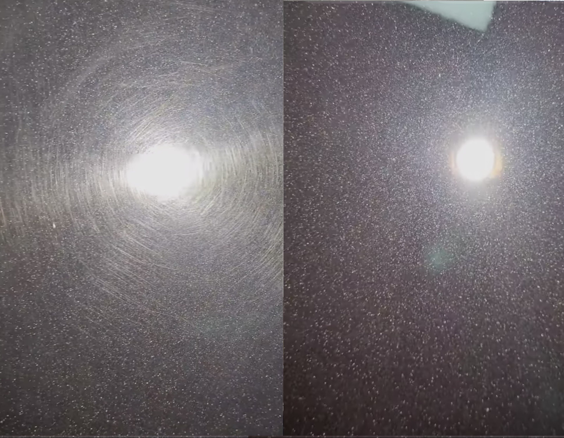 Powierzchnia lakieru samochodowego przed i po polerowaniu, widoczne koliste zarysowania i efekt po usunięciu ich.