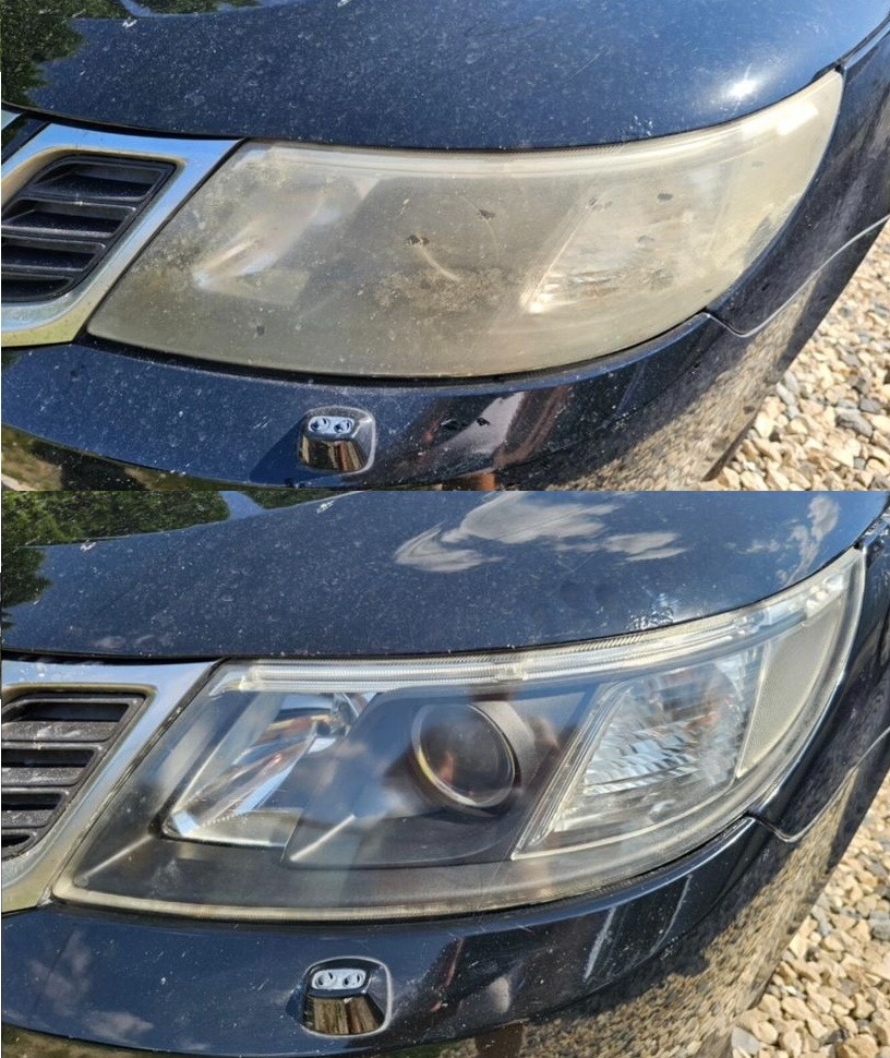 Reflektor samochodu przed i po czyszczeniu, widoczna wyraźna różnica w przejrzystości szkła.