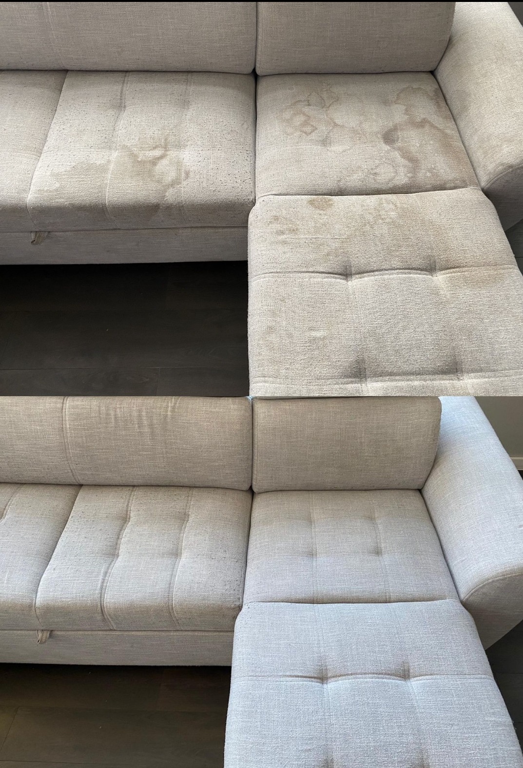 Beżowa, modułowa sofa z widocznymi plamami przed i po czyszczeniu tapicerki, ukazująca różnicę w wyglądzie