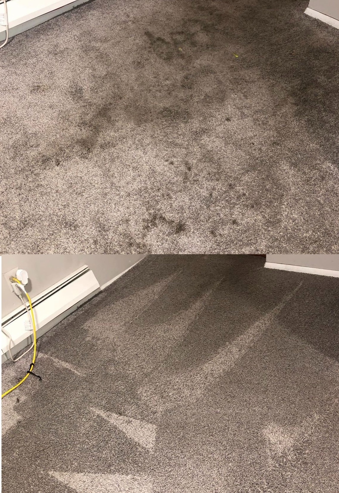 Szary dywan przed i po czyszczeniu, widoczne plamy usunięte, zarys grzejnika i gniazdka elektrycznego przy ścianie.