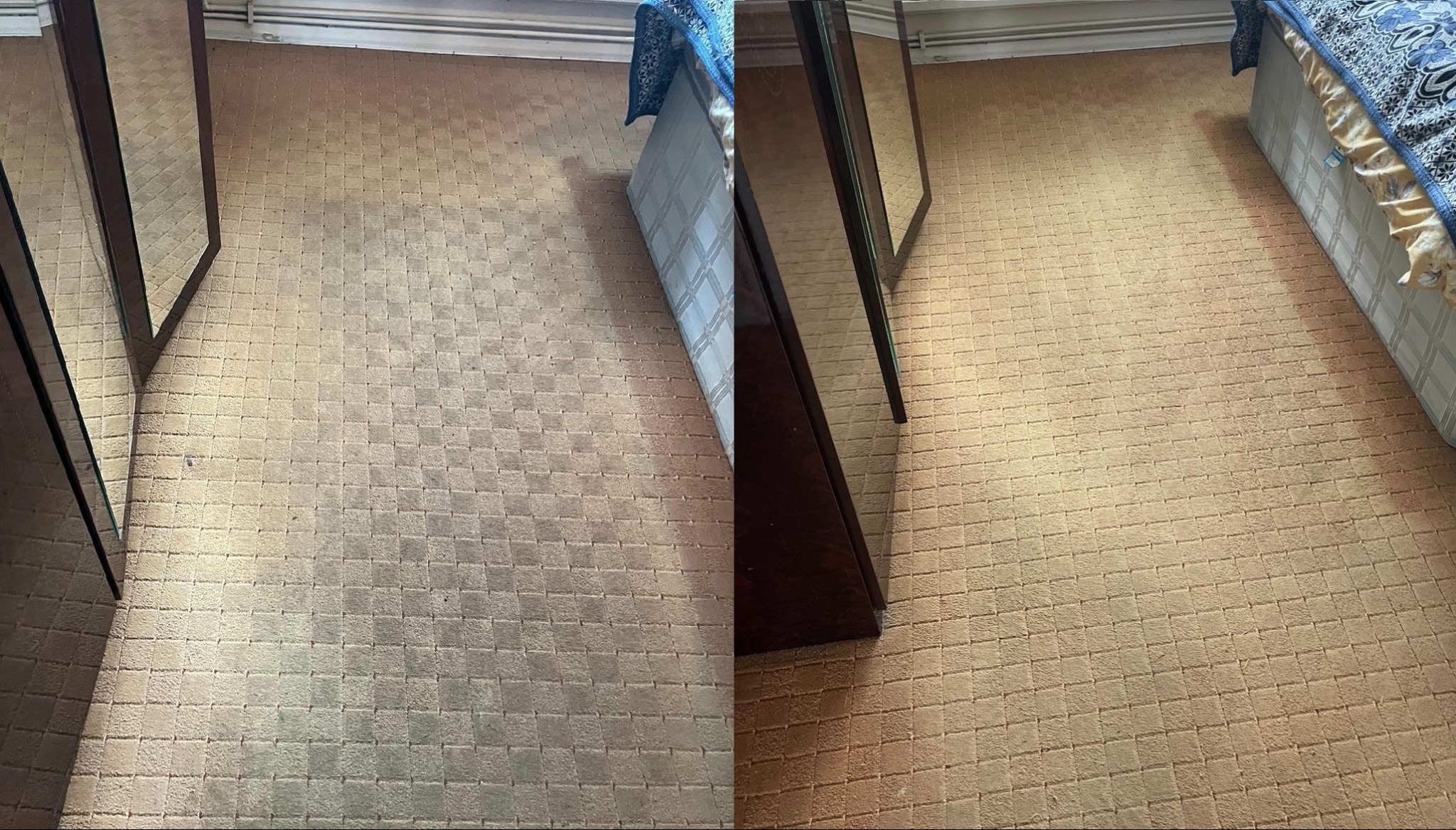 Porównanie dywanu w pokoju przed i po czyszczeniu, widoczna wyraźna różnica w kolorze i usuniętych plamach, z fragmentem łóżka i lustra w tle.