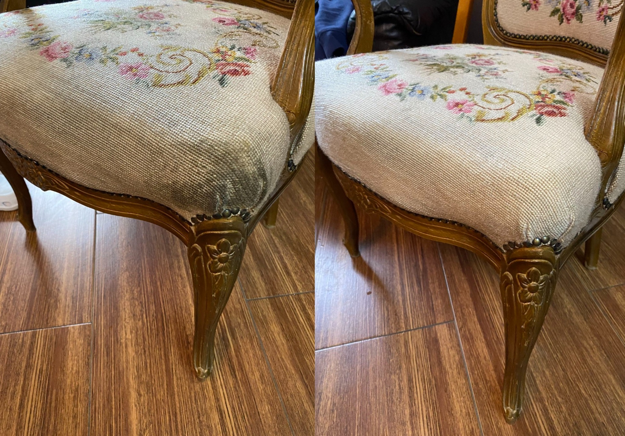 Kadr przedstawia fotel z tapicerką w kwiaty, po lewej stronie widoczna wyraźna plama zabrudzenia na siedzisku, po prawej stronie siedzisko po czyszczeniu, ukazujące różnicę w wyglądzie.