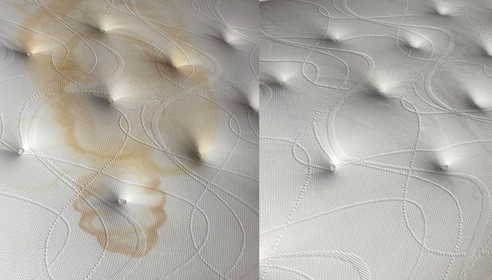 Materac z widoczną plamą przed i po czyszczeniu, ukazujący efekt usługi, z wyraźnym kontrastem między zabrudzoną a wyczyszczoną powierzchnią.