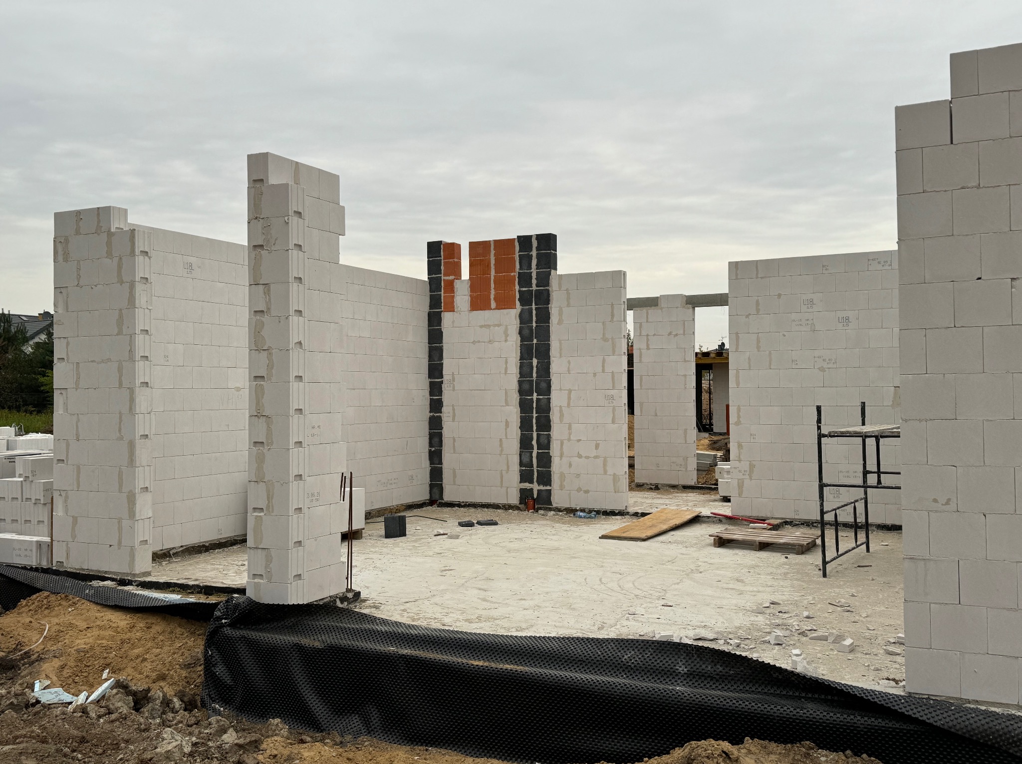 Wznoszone ściany domu z betonu komórkowego Ytong, widoczne fragmenty zbrojenia pionowego, czarna folia fundamentowa przy gruncie, szare niebo w tle.