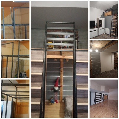 Loft z metalową konstrukcją schodów i drabinki, widok na wnętrze z drewnianymi elementami i skrzynkami, dekoracyjny skrzat na schodach.