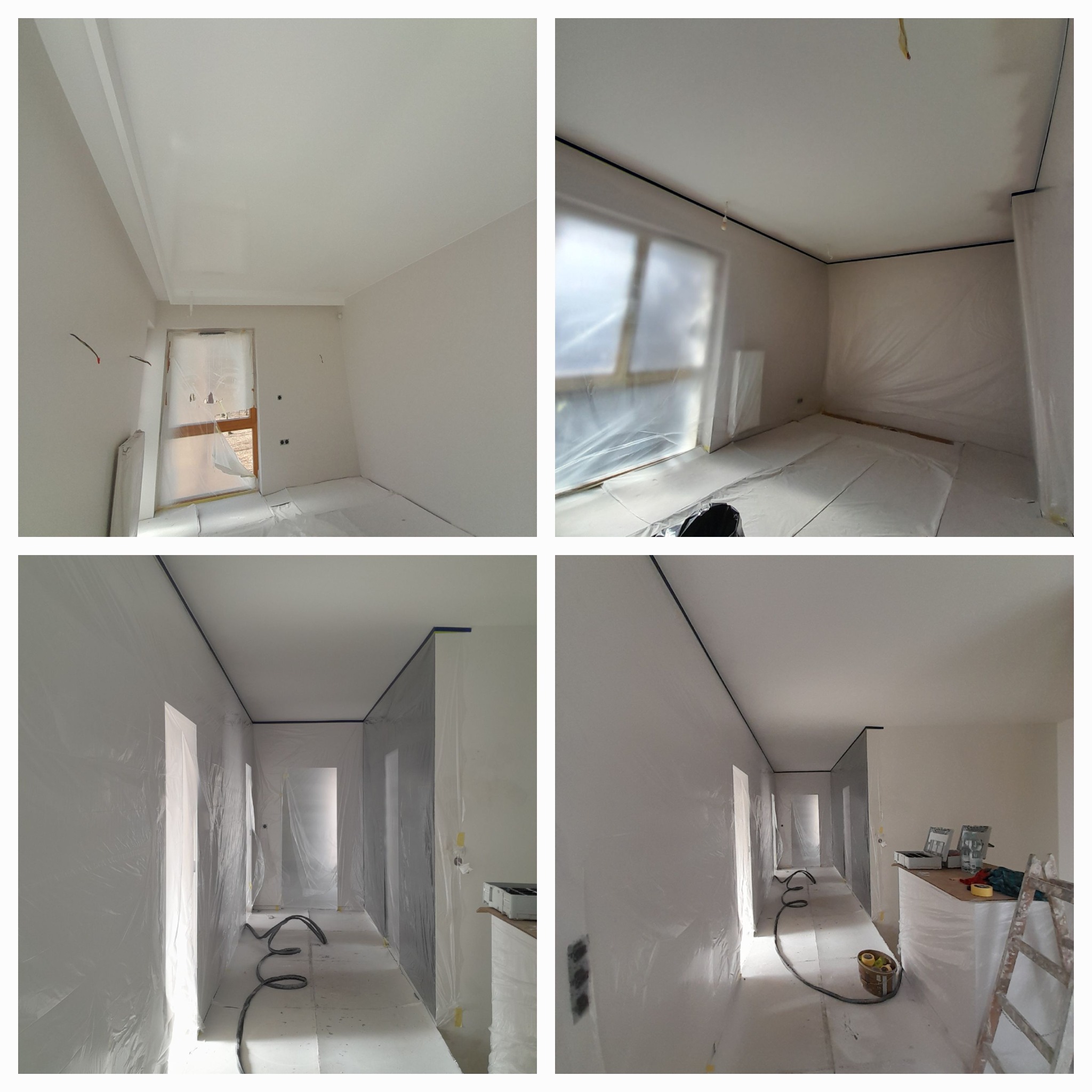 Przygotowane pomieszczenia do prac wykończeniowych: zabezpieczone folią okna, podłogi i drzwi, widoczne taśmy malarskie, drabina, wiadro z akcesoriami oraz przewód od szlifierki.